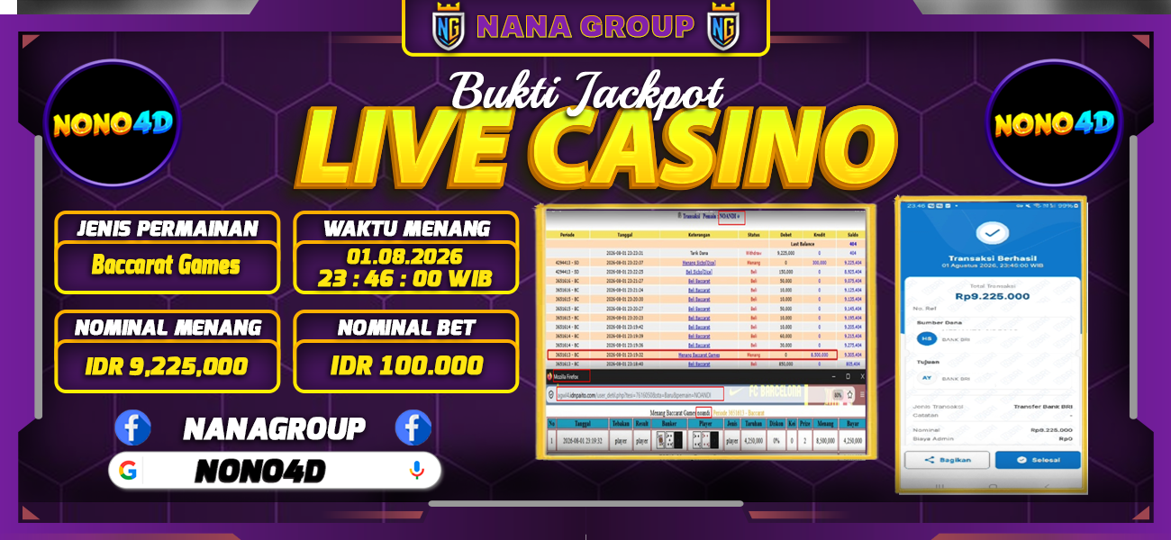 Bukti Kemenangan Besar Dibayar lunas Member NONO4D RP 9.225.000, 1 Agustus 2026