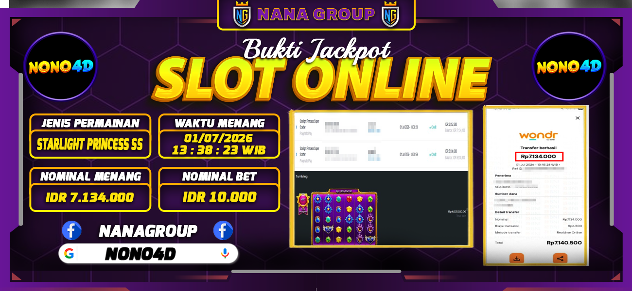Bukti Kemenangan Besar Dibayar lunas Member NONO4D RP 7.134.000, 1 Juli 2026