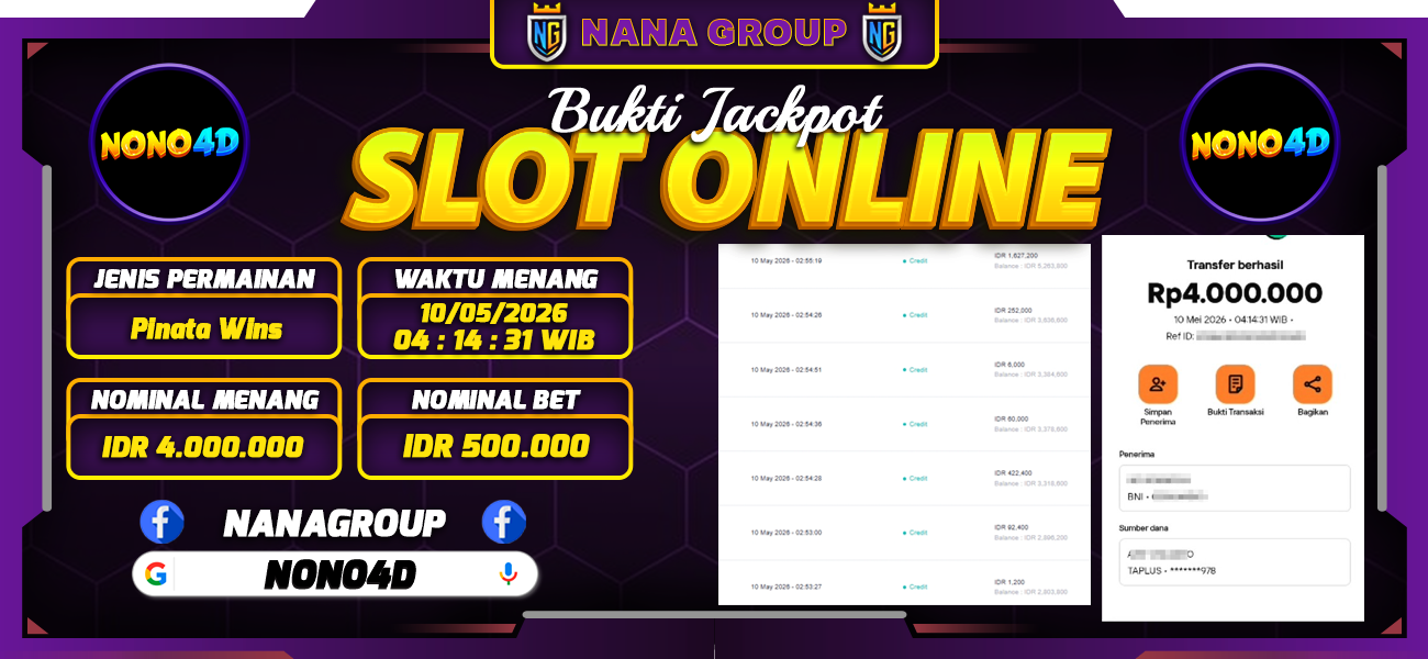 Bukti Kemenangan Besar Dibayar lunas Member NONO4D RP 4.000.000, 10 Mei 2026