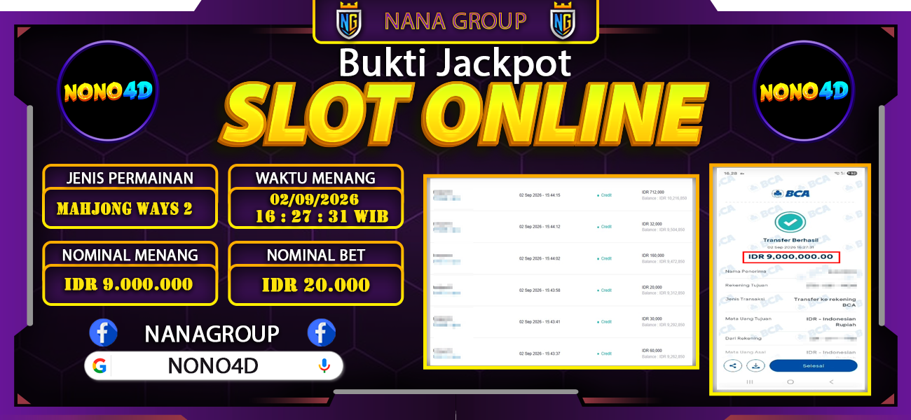 Bukti Kemenangan Besar Dibayar lunas Member NONO4D RP 9.000.000, 2 September 2026