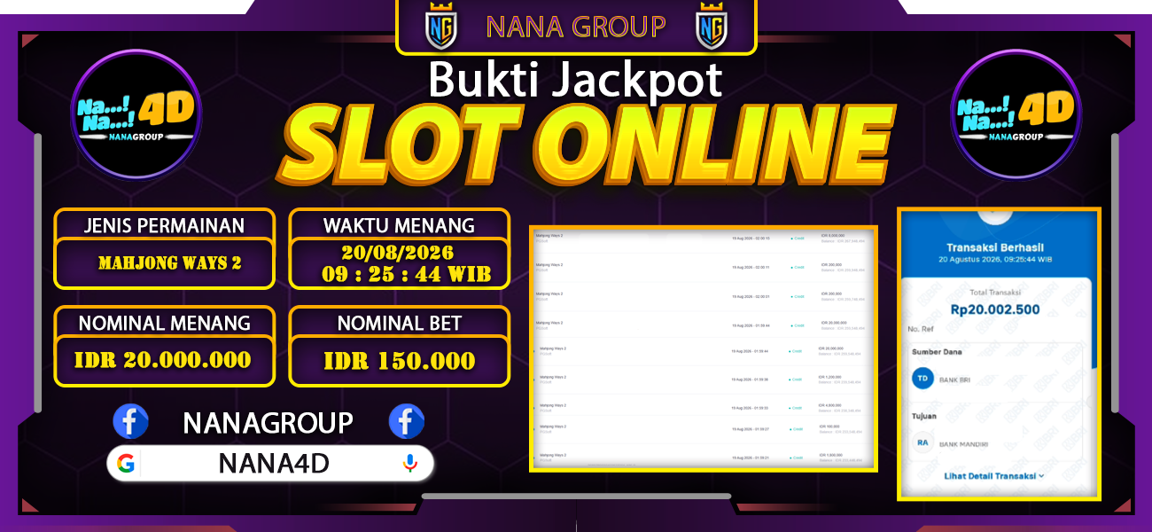 Bukti Kemenangan Besar Dibayar lunas Member NANA4D RP 20.000.000, 20 Agustus 2026
