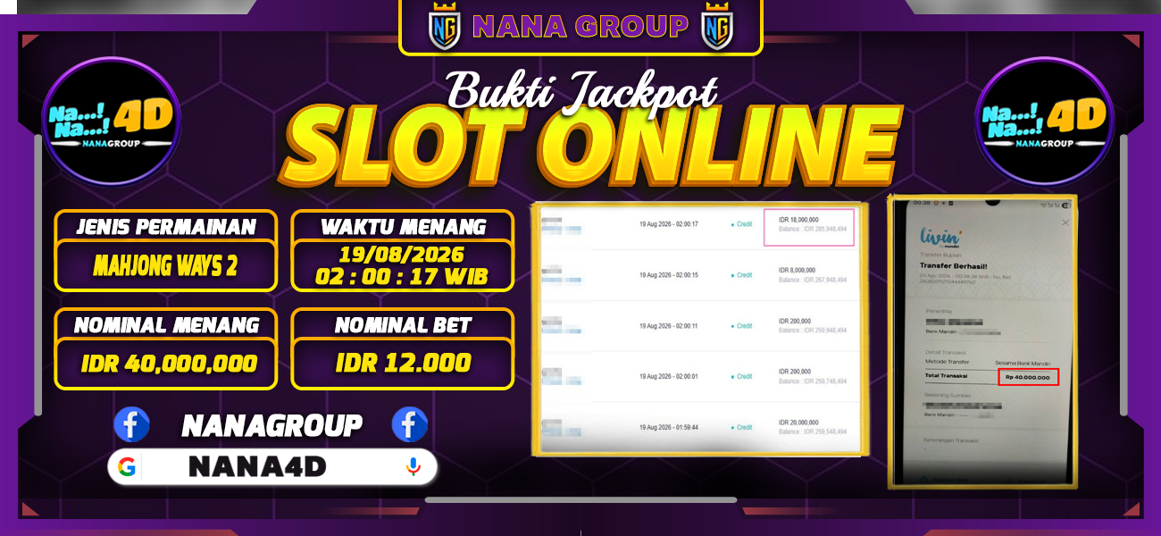 Bukti Kemenangan Besar Dibayar lunas Member NANA4D RP 40.000.000, 20 Agustus 2026