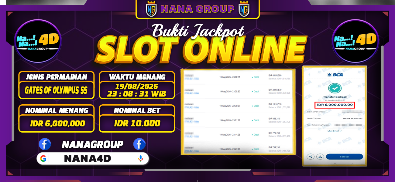 Bukti Kemenangan Besar Dibayar lunas Member NANA4D RP 6.000.000, 20 Agustus 2026