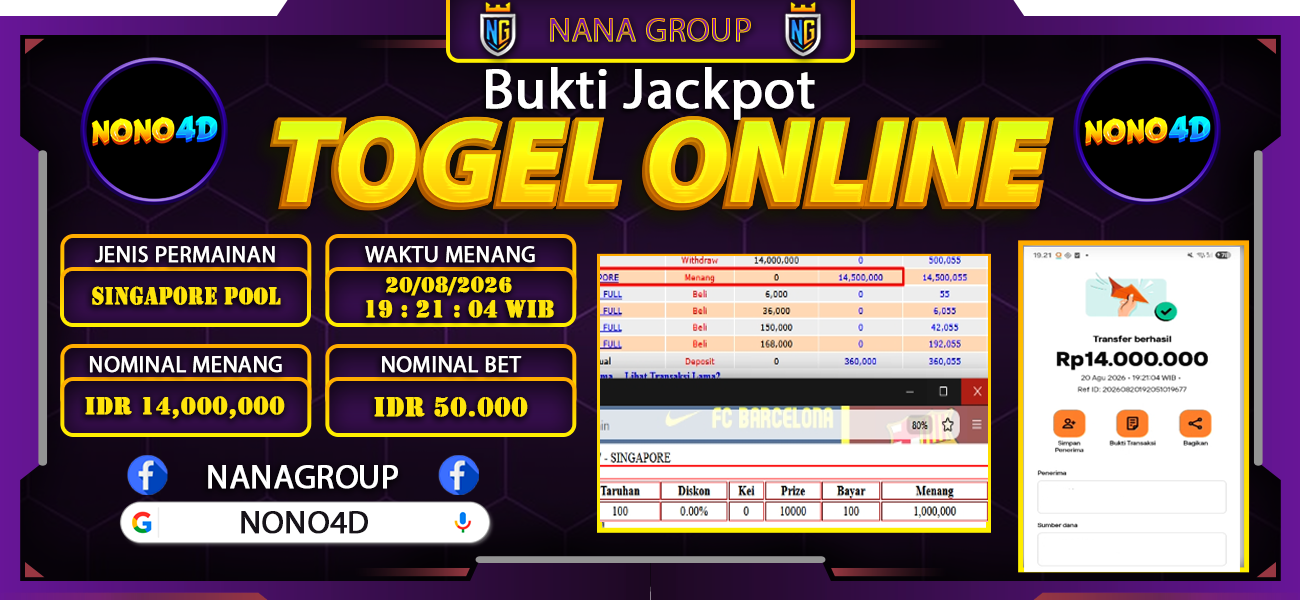 Bukti Kemenangan Besar Dibayar lunas Member NONO4D RP 14.000.000, 20 Agustus 2026