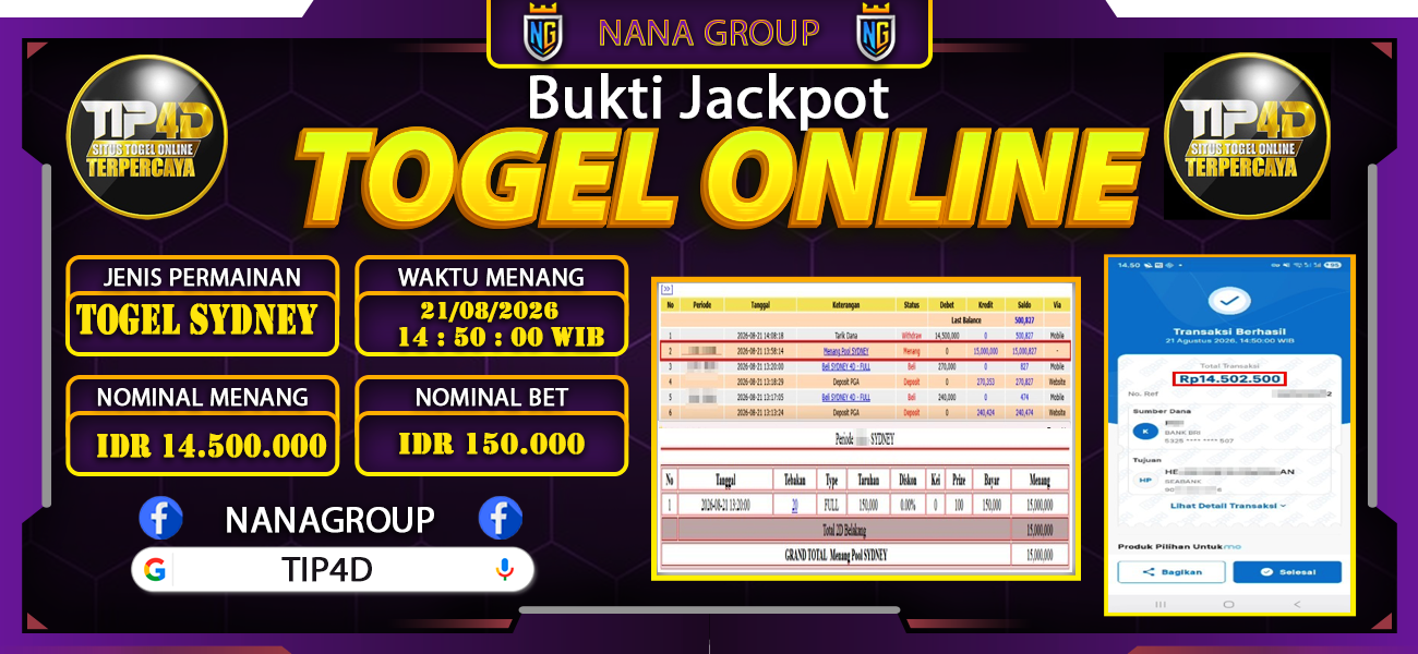 Bukti Kemenangan Besar Dibayar lunas Member TIP4D RP 14.500.000, 21 Agustus 2026