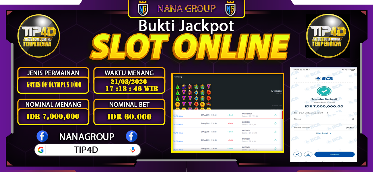 Bukti Kemenangan Besar Dibayar lunas Member TIP4D RP 7.000.000, 21 Agustus 2026