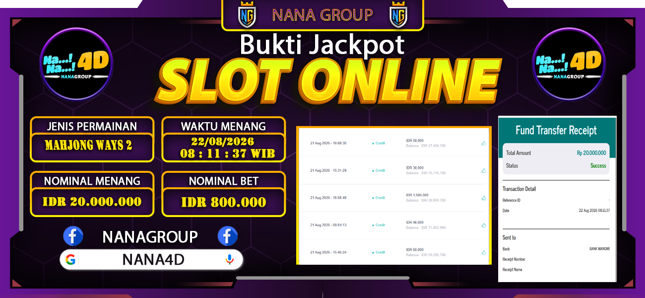 Bukti Kemenangan Besar Dibayar lunas Member NANA4D RP 20.000.000, 22 Agustus 2026