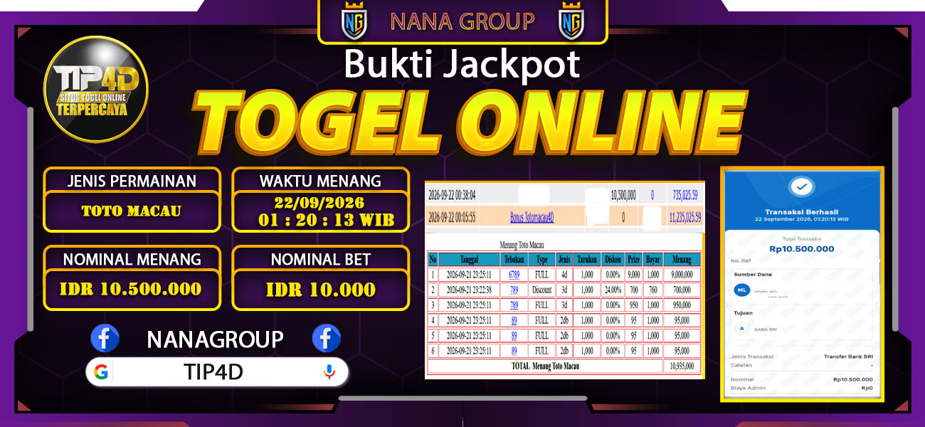 Bukti Kemenangan Besar Dibayar lunas Member TIP4D RP 10.500.000, 22 September 2026