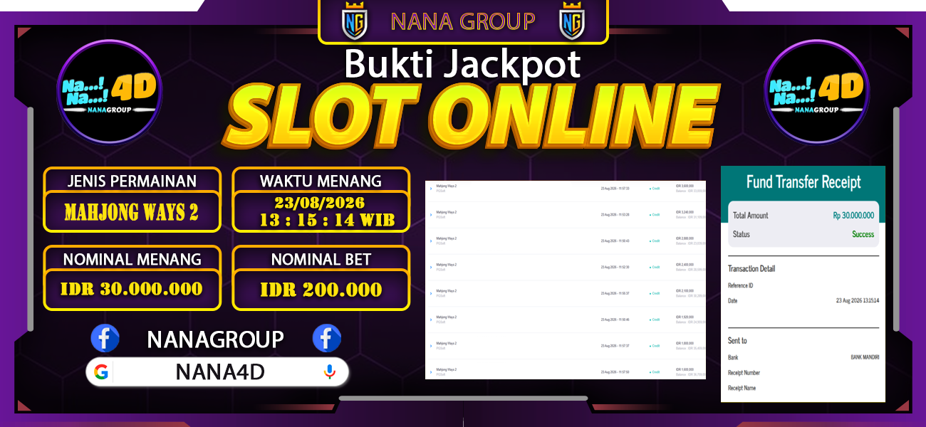 Bukti Kemenangan Besar Dibayar lunas Member NANA4D RP 30.000.000, 23 Agustus 2026