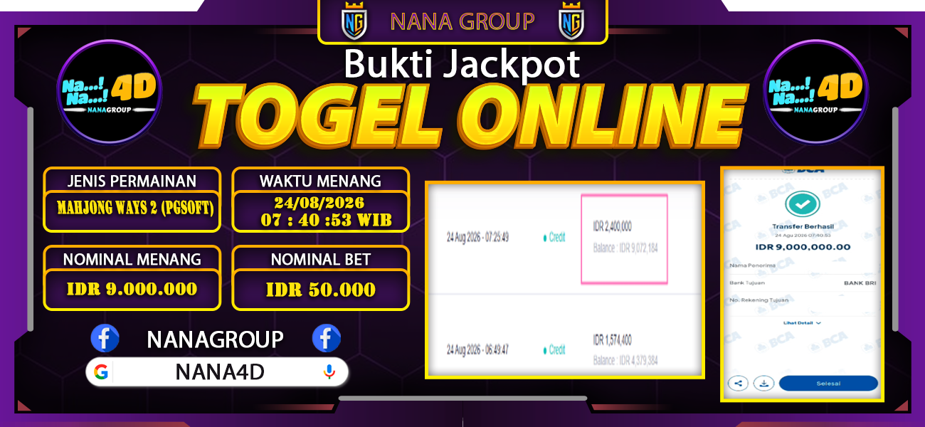 Bukti Kemenangan Besar Dibayar lunas Member NANA4D RP 9.000.000, 23 Agustus 2026