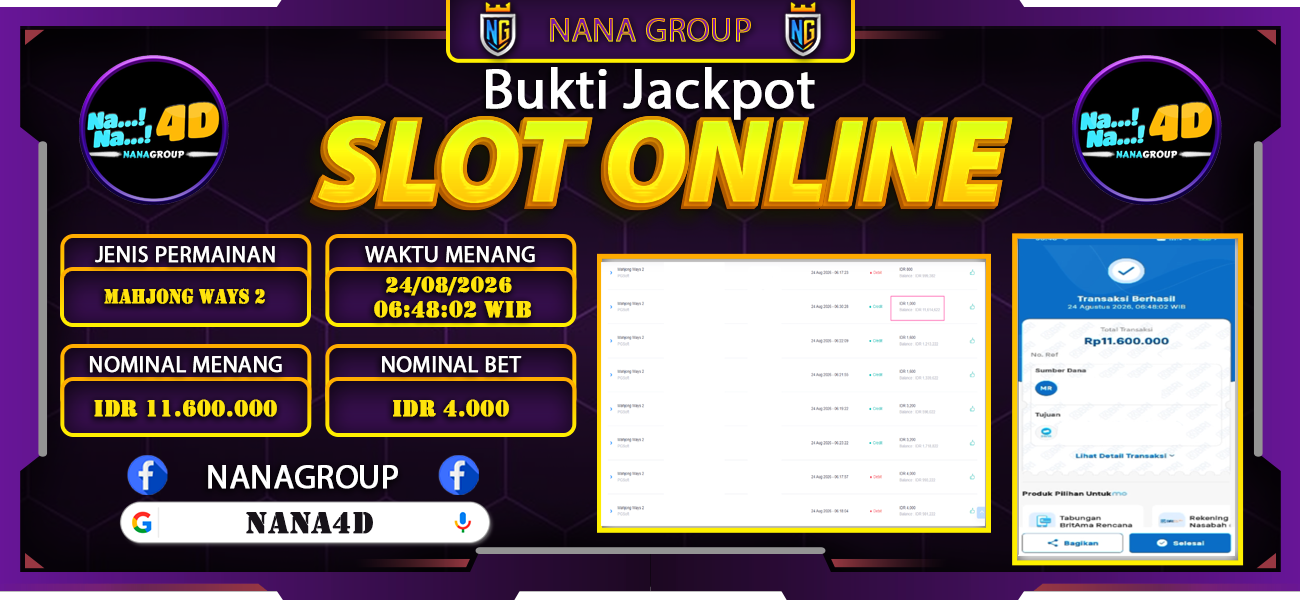 Bukti Kemenangan Besar Dibayar lunas Member NANA4D RP 11.600.000, 24 Agustus 2026