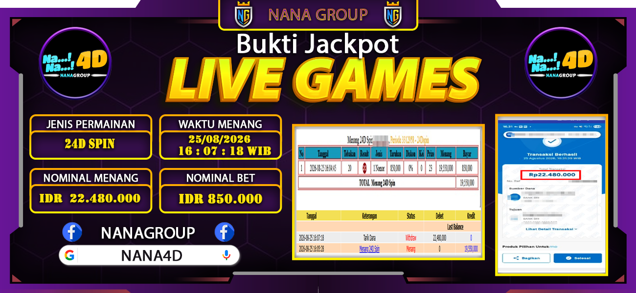 Bukti Kemenangan Besar Dibayar lunas Member NANA4D RP 22.480.000, 25 Agustus 2026