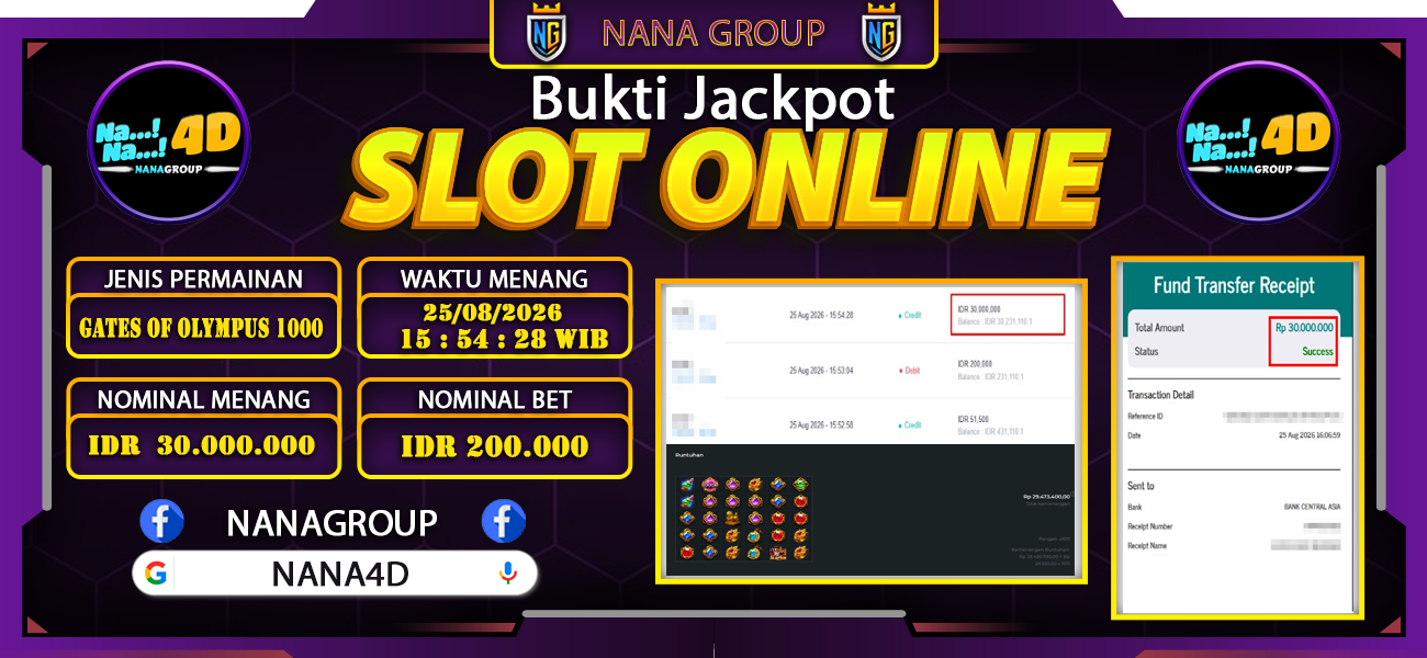 Bukti Kemenangan Besar Dibayar lunas Member NANA4D RP 30.000.000, 25 Agustus 2026