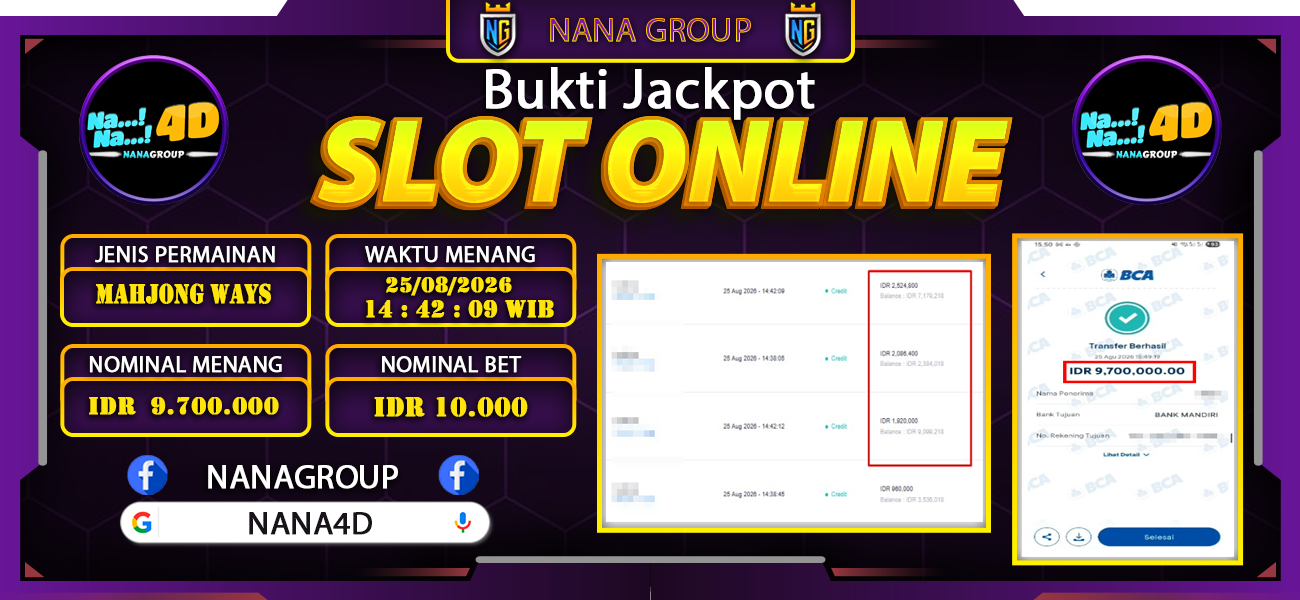 Bukti Kemenangan Besar Dibayar lunas Member NANA4D RP 9.700.000, 25 Agustus 2026