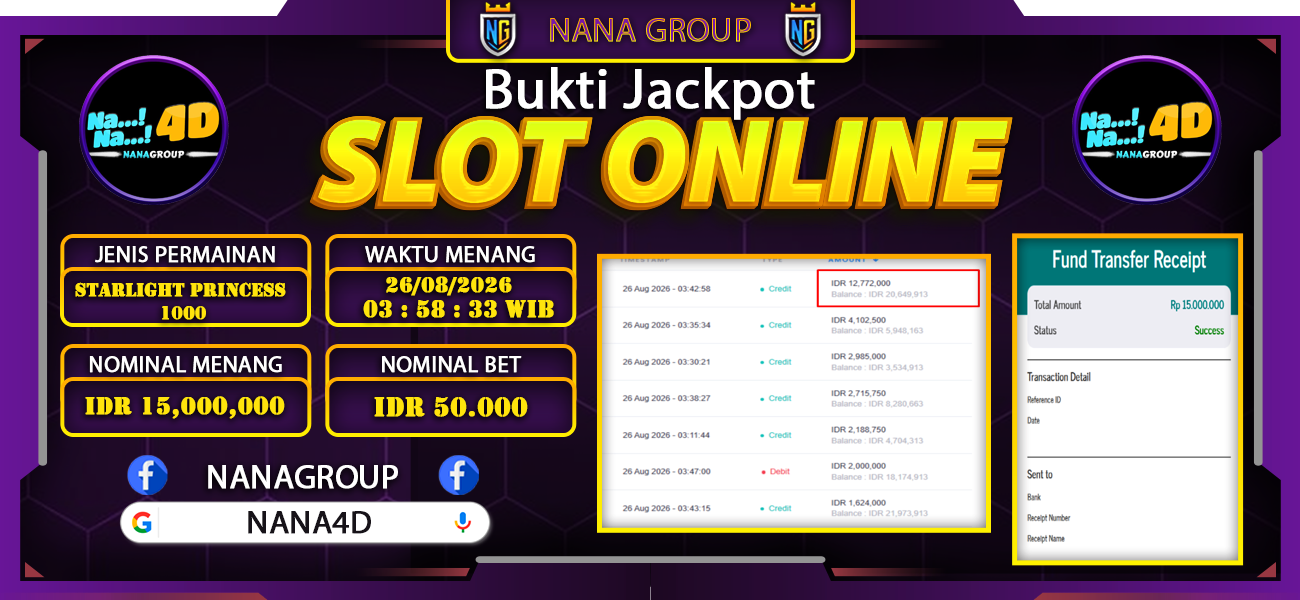 Bukti Kemenangan Besar Dibayar lunas Member NANA4D RP 15.000.000, 26 Agustus 2026
