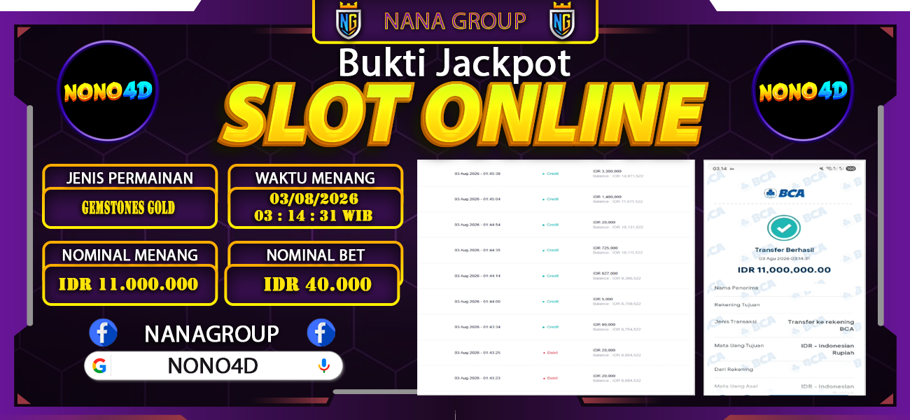 Bukti Kemenangan Besar Dibayar lunas Member NONO4D RP 11.000.000, 3 Agustus 2026