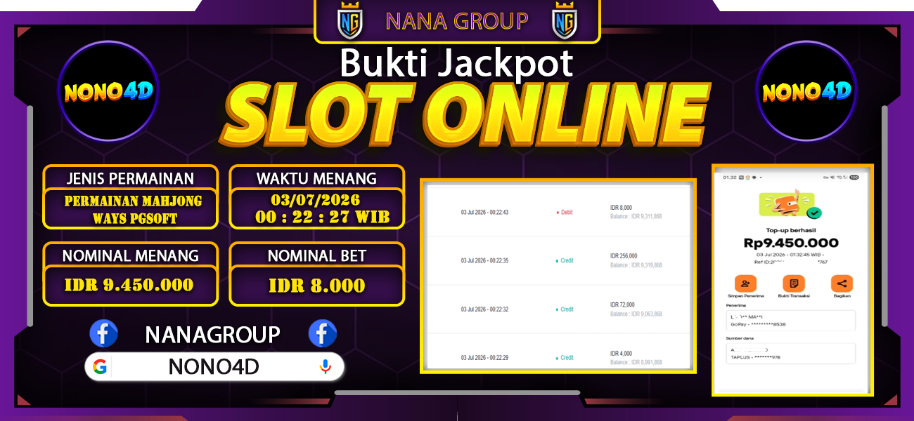 Bukti Kemenangan Besar Dibayar lunas Member NONO4D RP 9.450.000, 3 Juli 2026