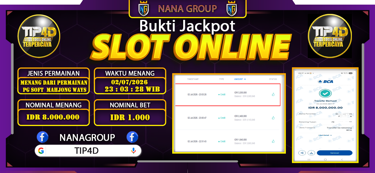 Bukti Kemenangan Besar Dibayar lunas Member TIP4D RP 8.000.000, 3 Juli 2026
