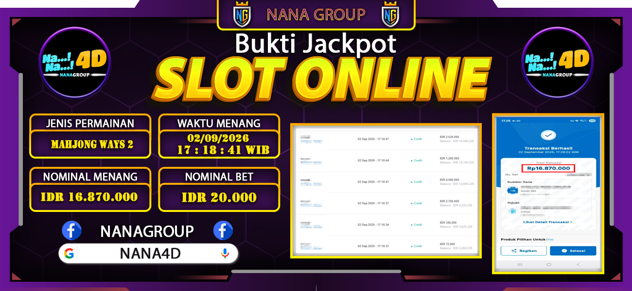 Bukti Kemenangan Besar Dibayar lunas Member NANA4D RP 16.870.000, 3 September 2026