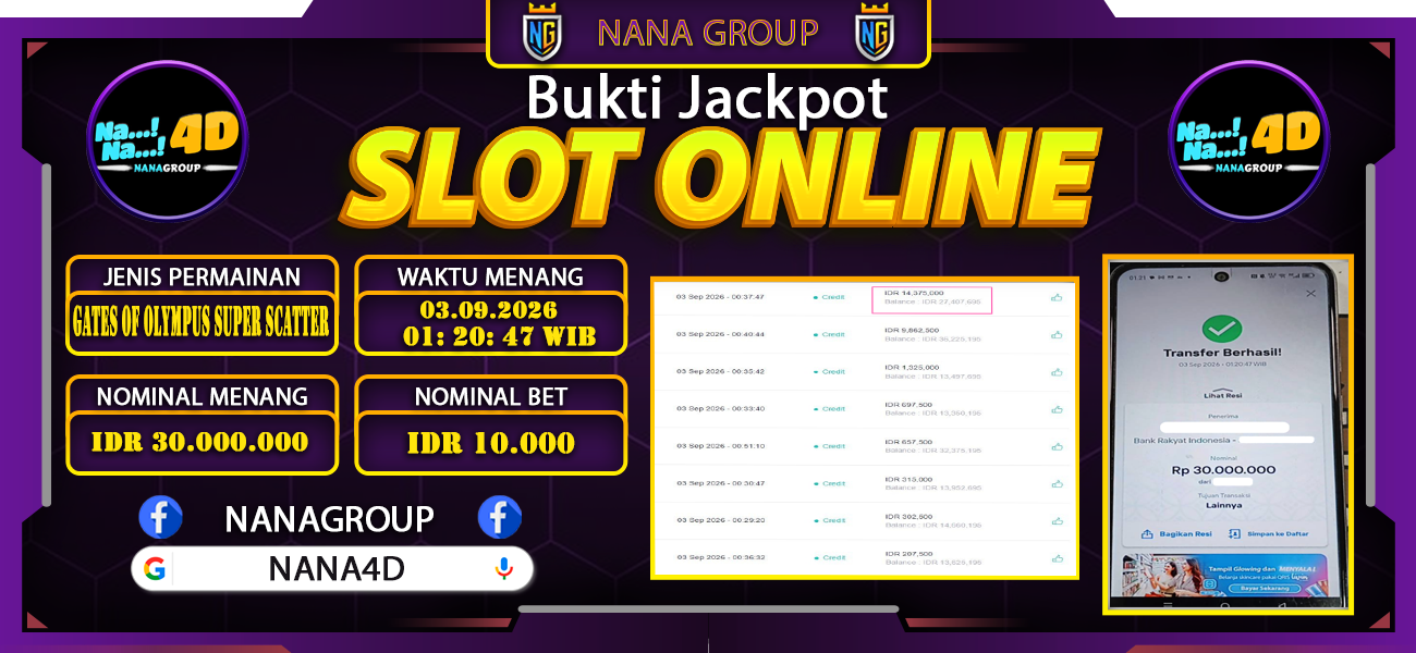 Bukti Kemenangan Besar Dibayar lunas Member NANA4D RP 30.000.000, 3 September 2026