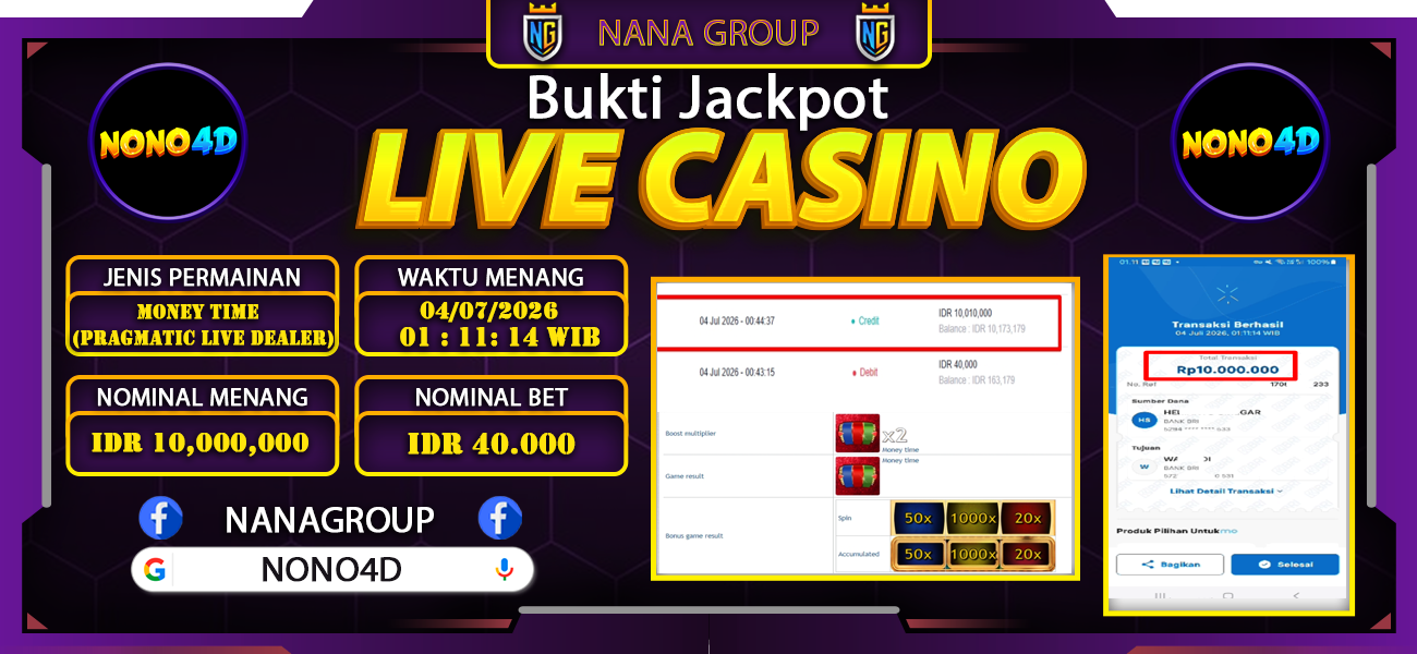 Bukti Kemenangan Besar Dibayar lunas Member NONO4D RP 10.000.000, 4 Juli 2026