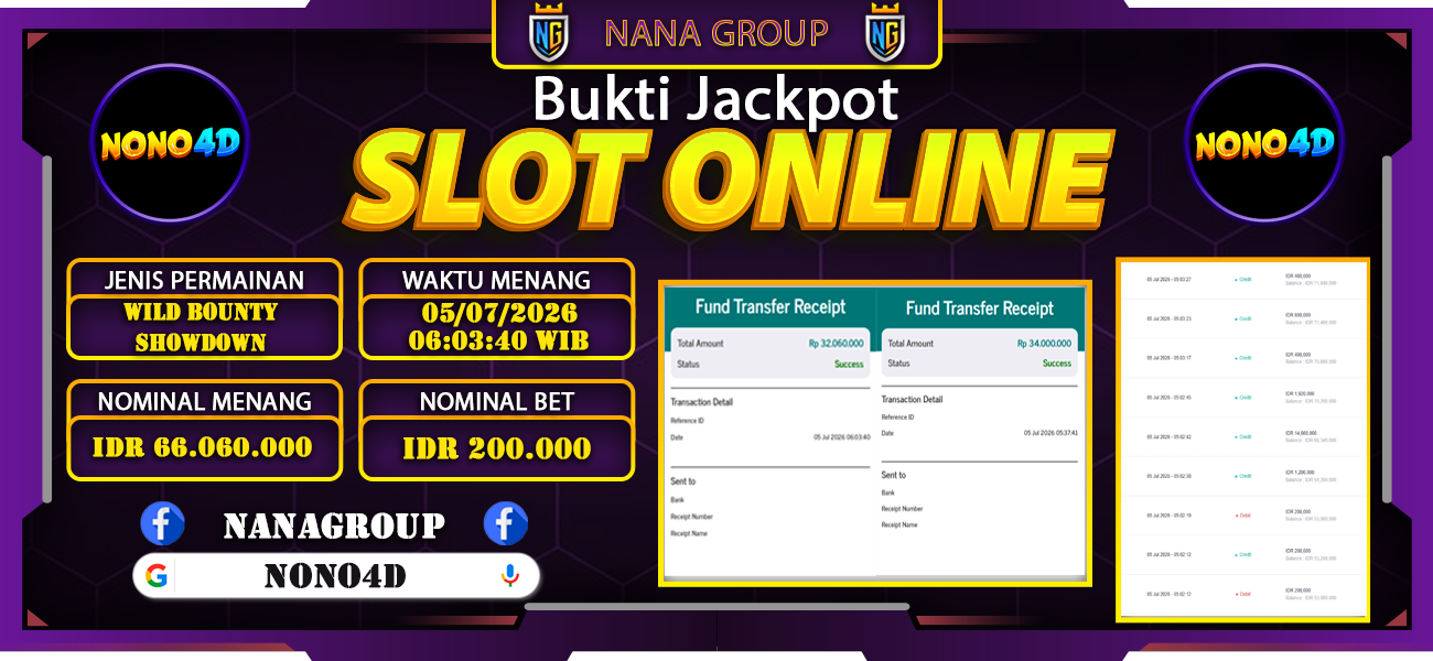Bukti Kemenangan Besar Dibayar lunas Member NONO4D RP 66.060.000, 5 Juli 2026