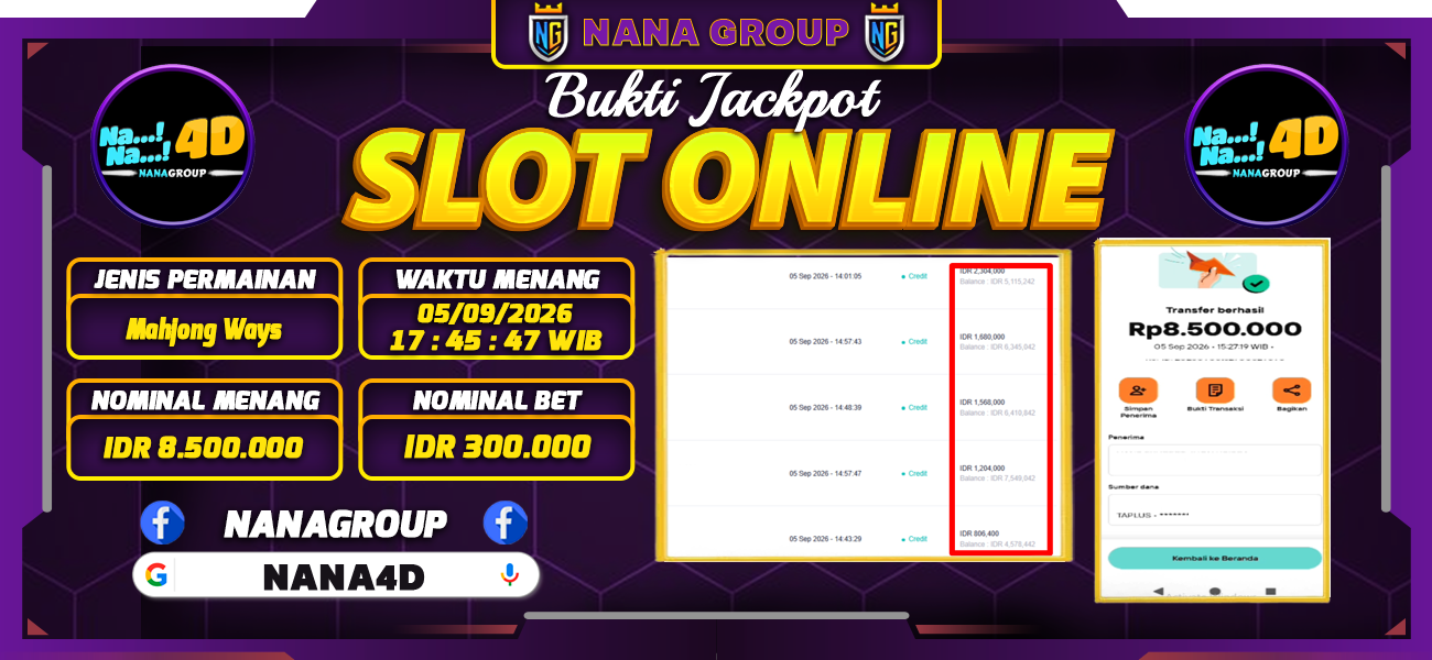 Bukti Kemenangan Besar Dibayar lunas Member NANA4D RP 8.500.000, 5 September 2026