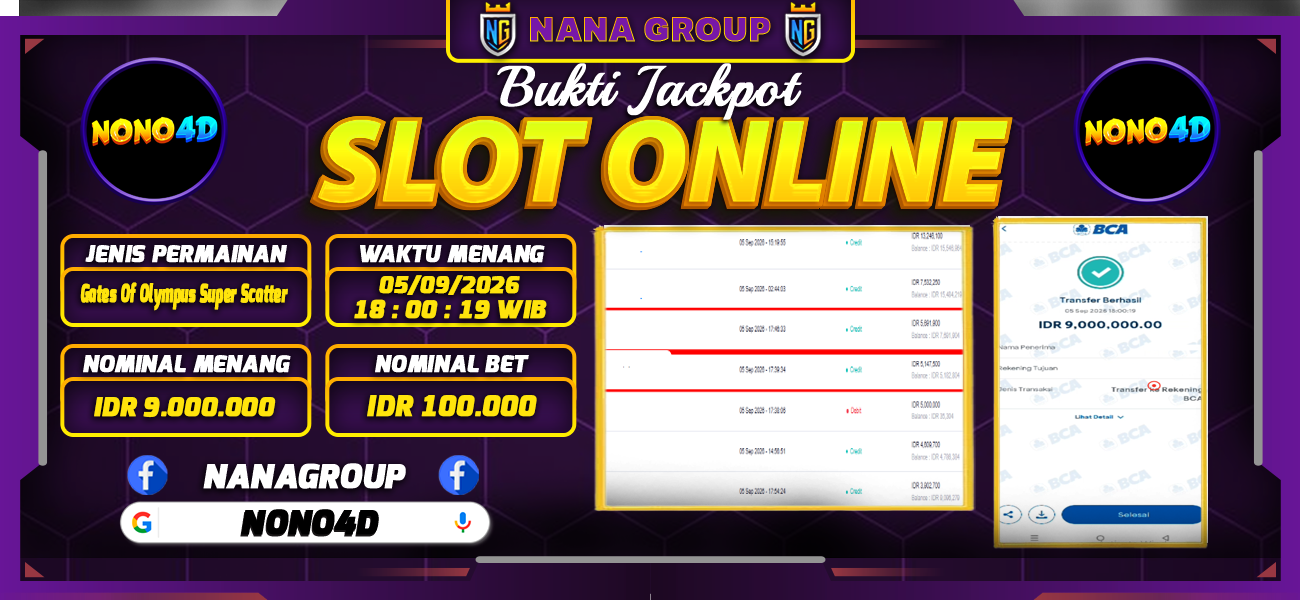 Bukti Kemenangan Besar Dibayar lunas Member NONO4D RP 9.000.000, 5 September 2026