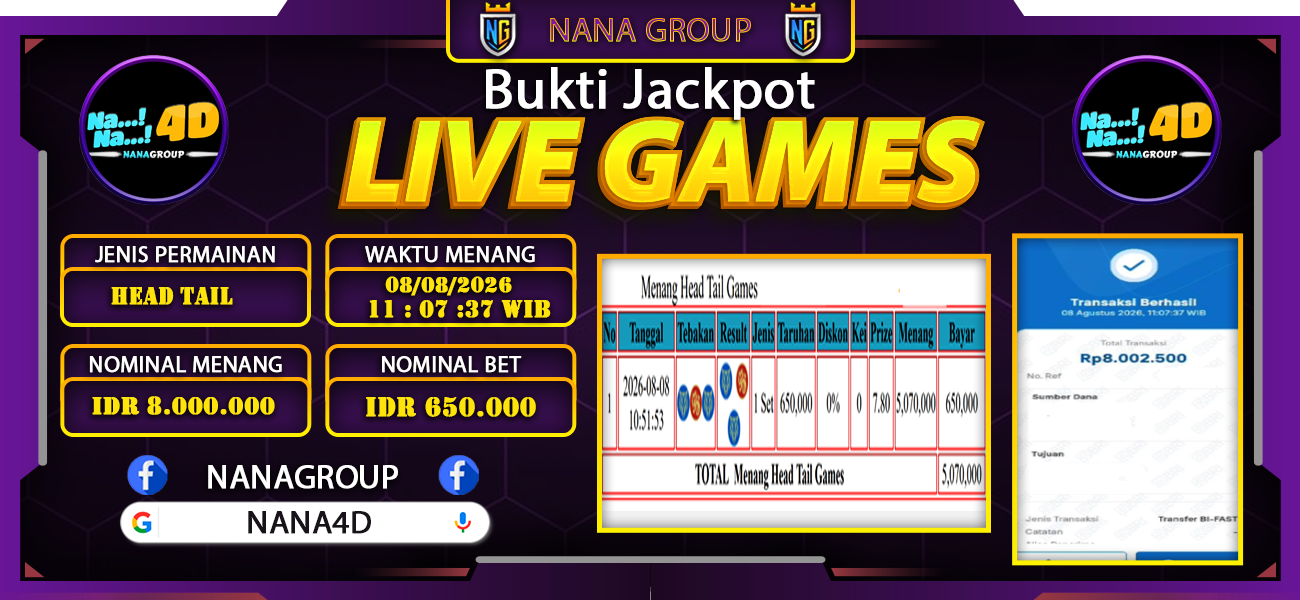 Bukti Kemenangan Besar Dibayar lunas Member NANA4D RP 8.000.000, 7 Agustus 2026