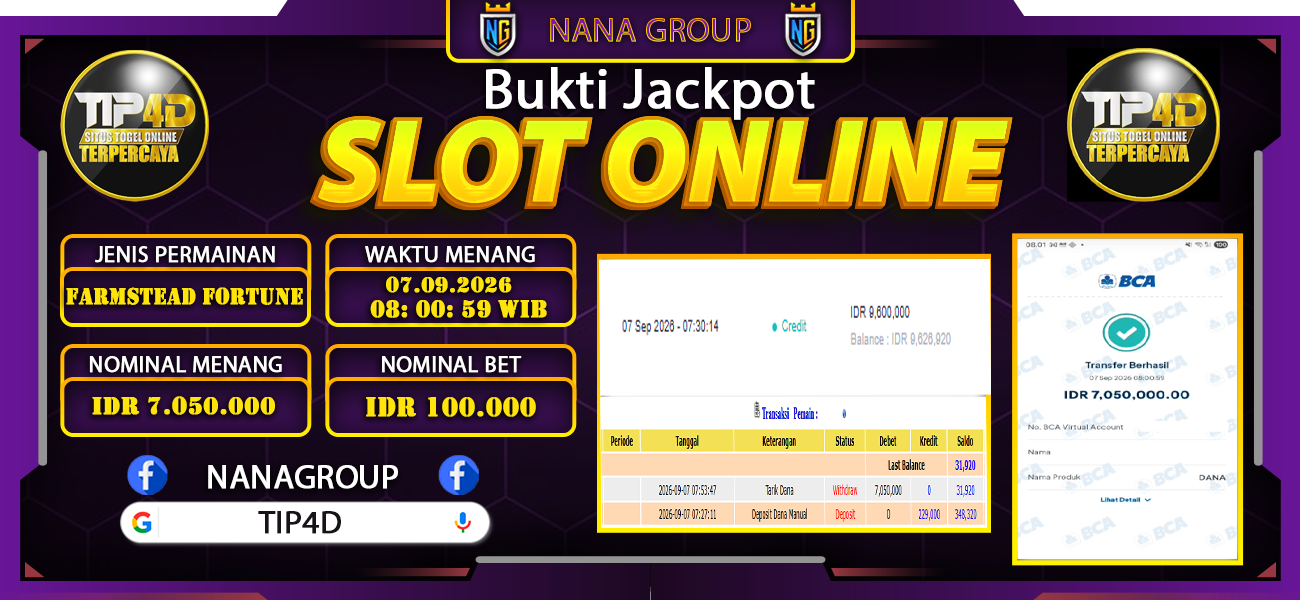 Bukti Kemenangan Besar Dibayar lunas Member TIP4D RP 7.050.000, 7 September 2026