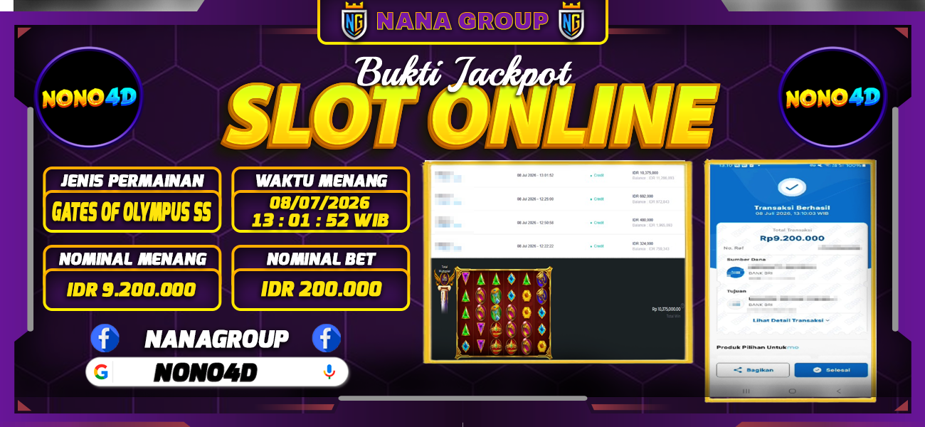 Bukti Kemenangan Besar Dibayar lunas Member NONO4D RP 9.200.000, 8 Juli 2026