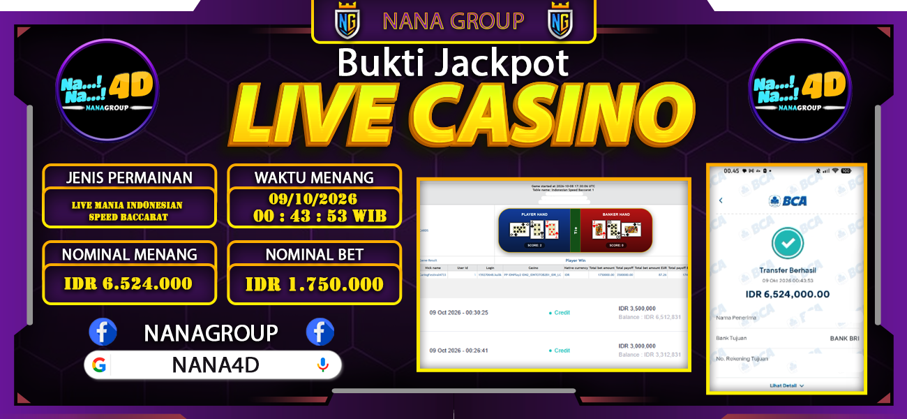 Bukti Kemenangan Besar Dibayar lunas Member NANA4D RP 6.524.000, 9 Oktober 2026