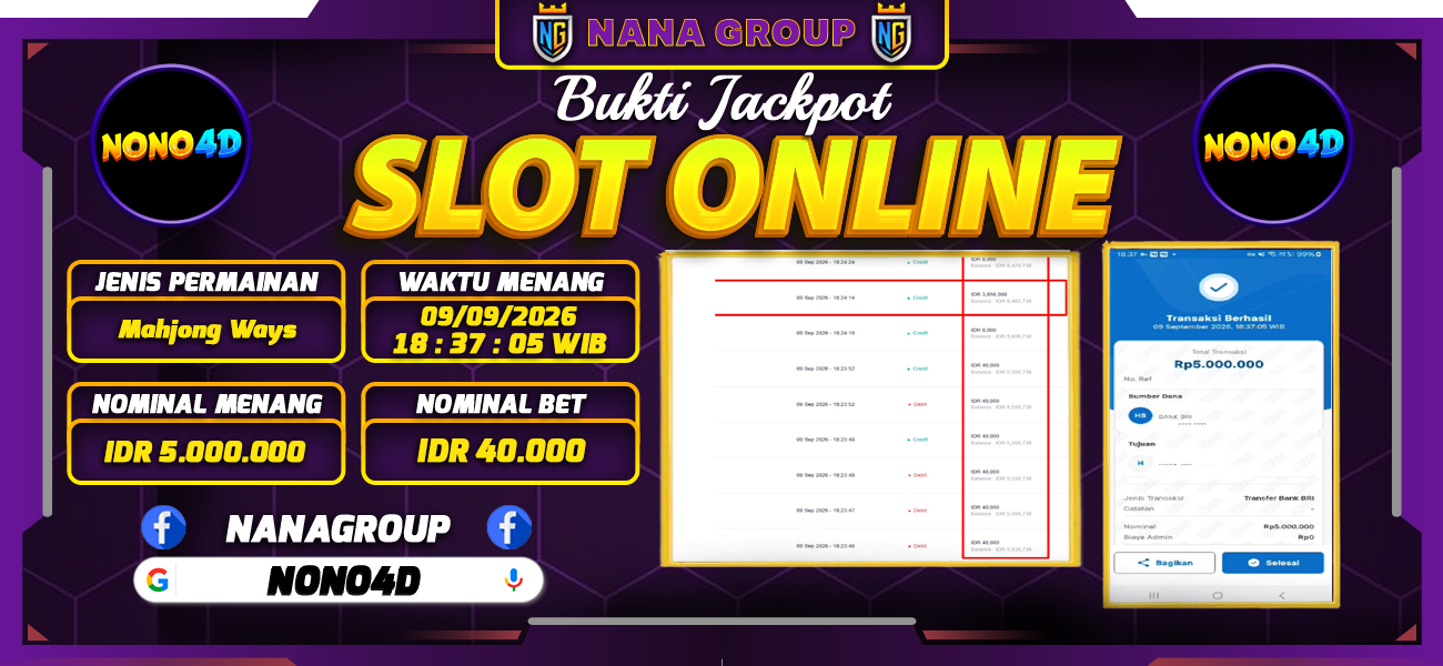 Bukti Kemenangan Besar Dibayar lunas Member NONO4D RP 5.000.000, 9 September 2026
