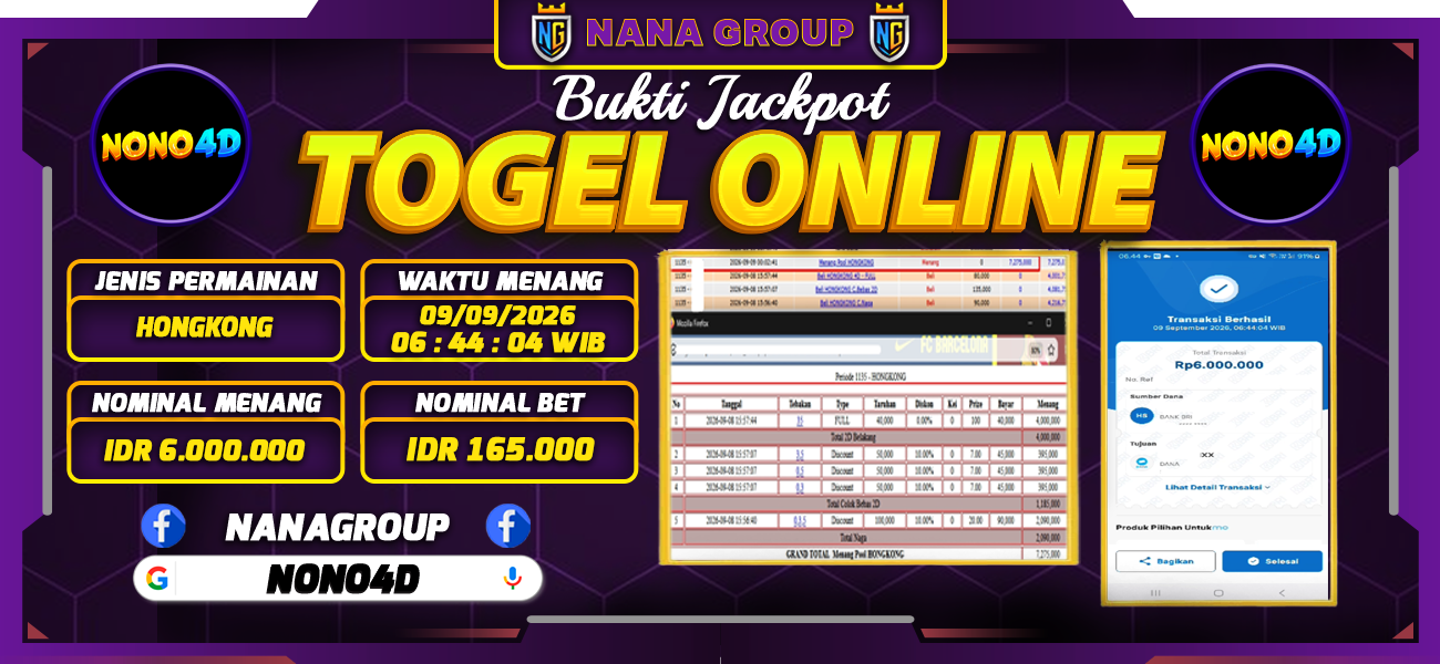 Bukti Kemenangan Besar Dibayar lunas Member NONO4D RP 6.000.000, 9 September 2026